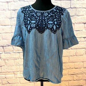 Crown & Ivy Chambray Top with Embroidered Neckline
